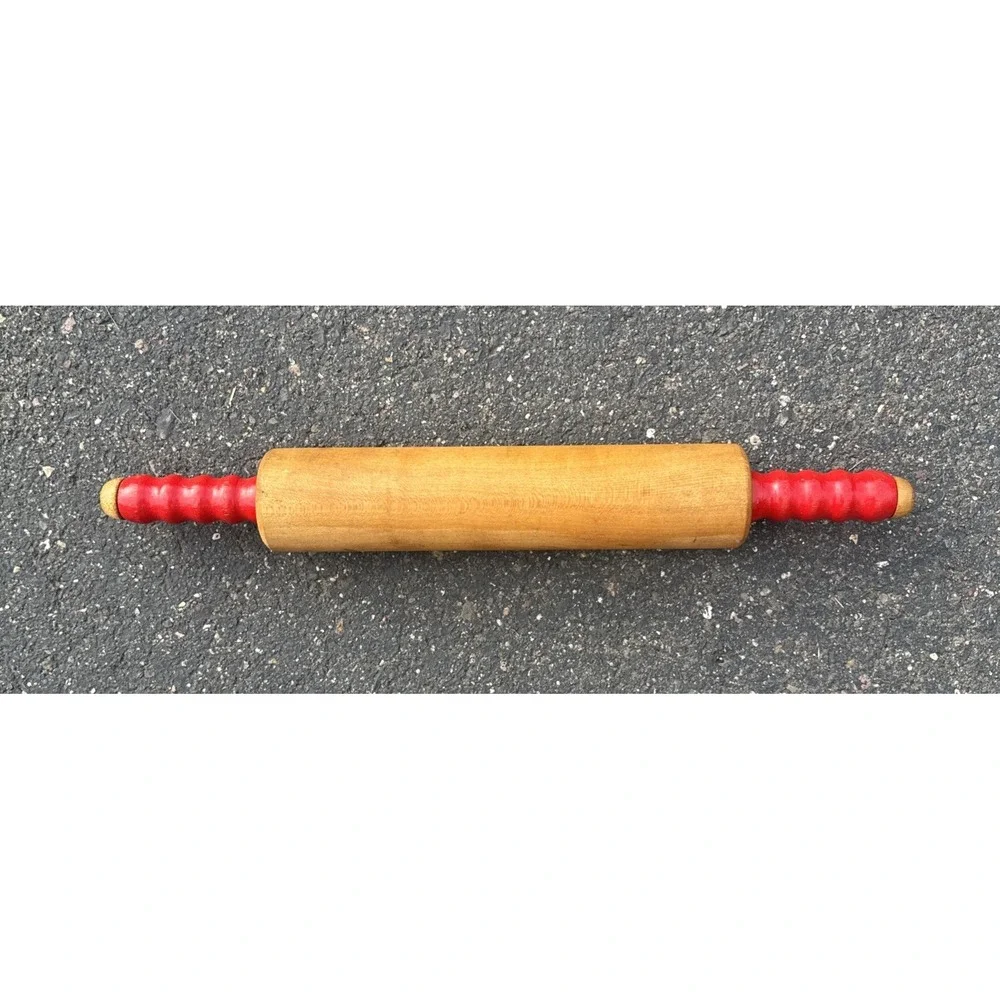 Vintage 1940's Wood Rolling Pin w/ Red Handles 17